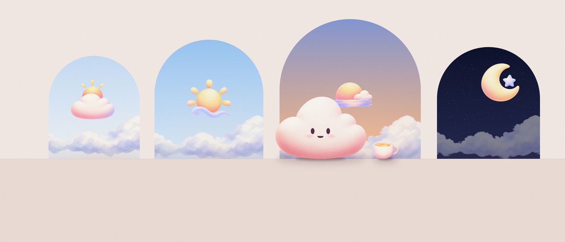 Four arched windows of sky in a warm room: a pale dawn, a bright midday sun, an evening sky where Caelia rests beside a cup of tea, and a starry night with a crescent moon
