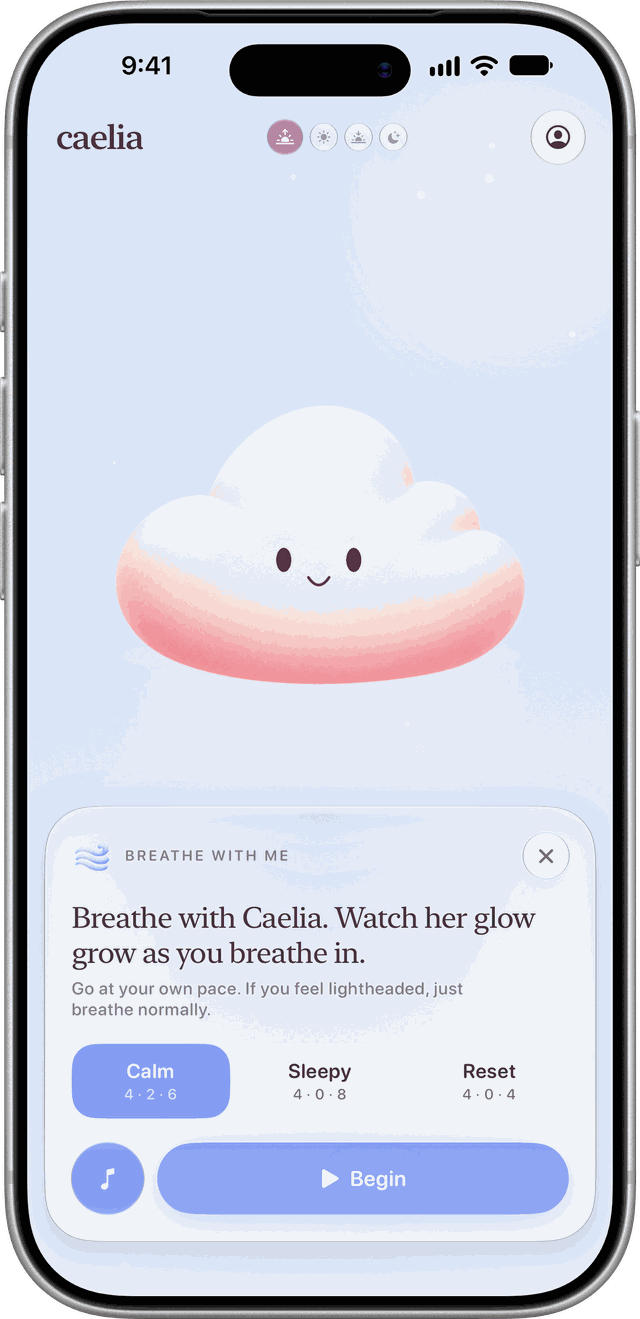 Breathing with Caelia on iPhone, with Calm, Sleepy and Reset rhythms