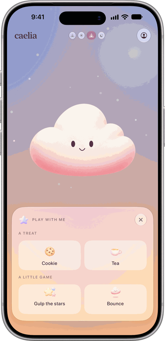 Playing with Caelia on iPhone: a treat of a cookie or tea, and little games
