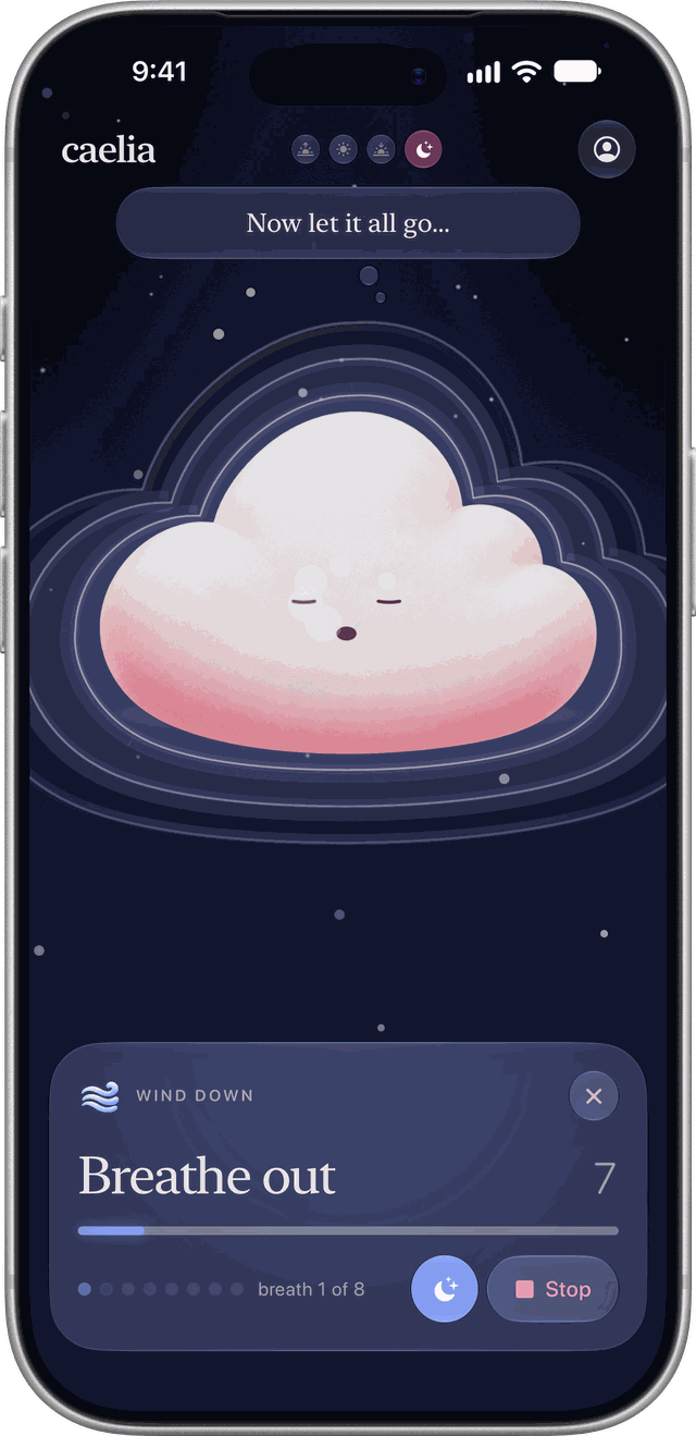 Caelia’s night wind-down on iPhone: “Breathe out”, in a dark starry sky
