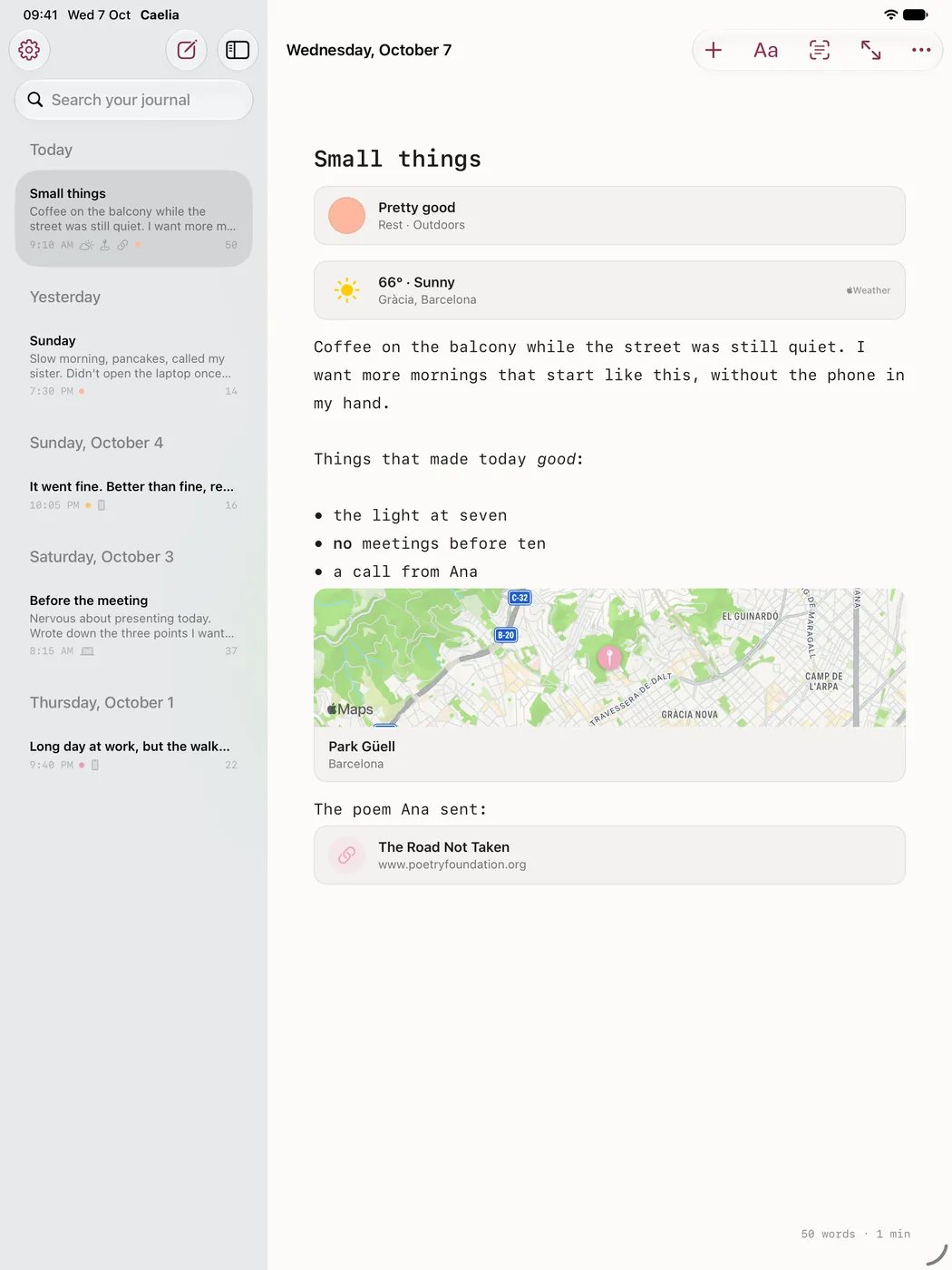 Caelia’s journal on iPad: a page called Small things with a mood, the weather, a map of Park Güell and a few lines of writing